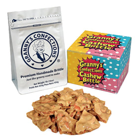 Granny's Confections Cashew Brittle 16oz packaging, gift-ready display