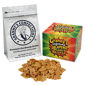 Granny's Confections jalapeño peanut brittle front packaging highlighting premium quality