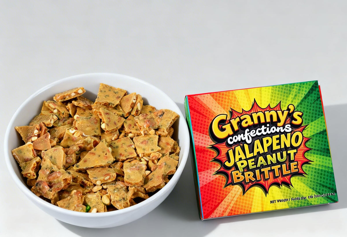 Granny's Confections jalapeño peanut brittle hand-labeled pack signals small-batch care