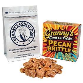 Granny's Confections Pecan Brittle 16oz packaging, gift-ready premium candy.