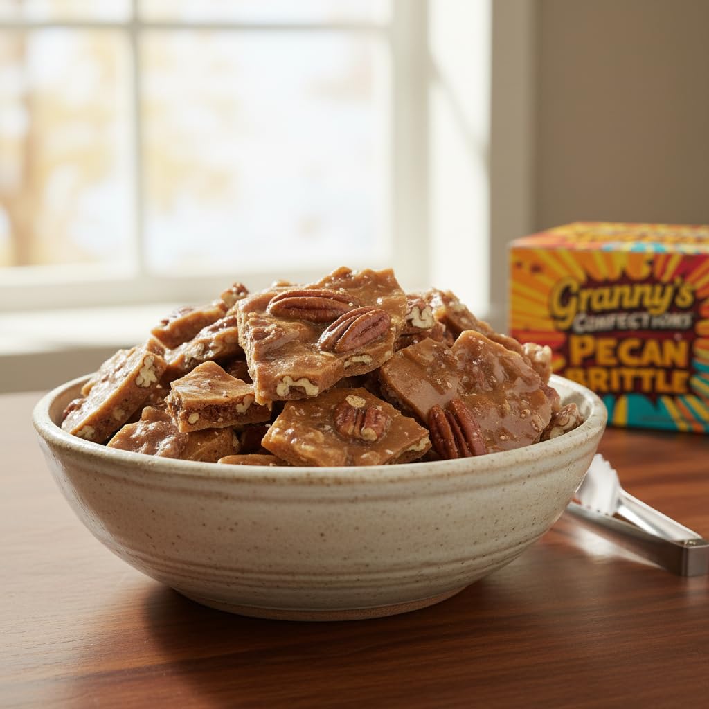 Granny's Confections Pecan Brittle ingredients closeup highlighting real pecans and vanilla.