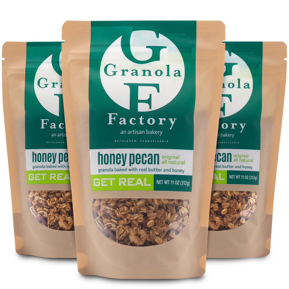 Packaging shows Granola Factory Honey Pecan three-pack for easy snacking.