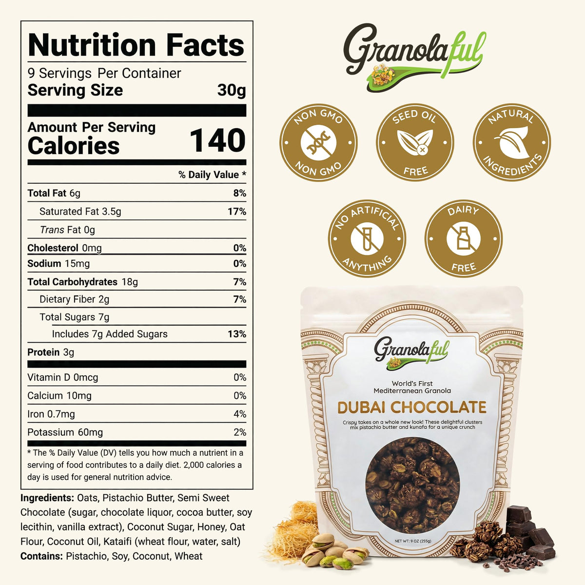 Granolaful 9oz bag shows Dubai Chocolate flavor and convenient serving.