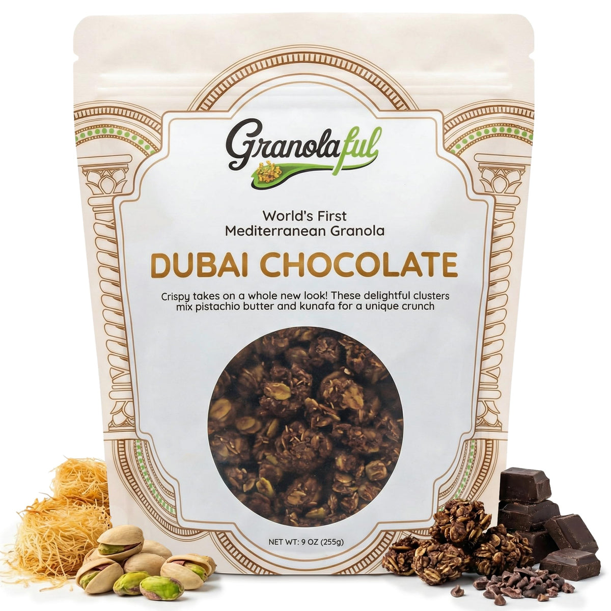 Granolaful Dubai Chocolate cereal with pistachio butter pour-ready crunch for a satisfying breakfast.
