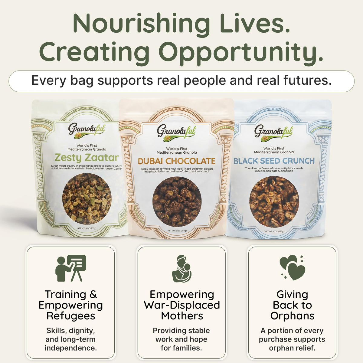 Granolaful organic oats and pistachio butter highlight clean ingredients.