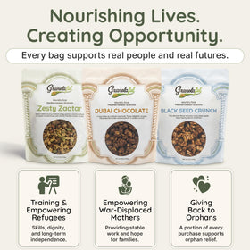 Granolaful organic oats and pistachio butter highlight clean ingredients.
