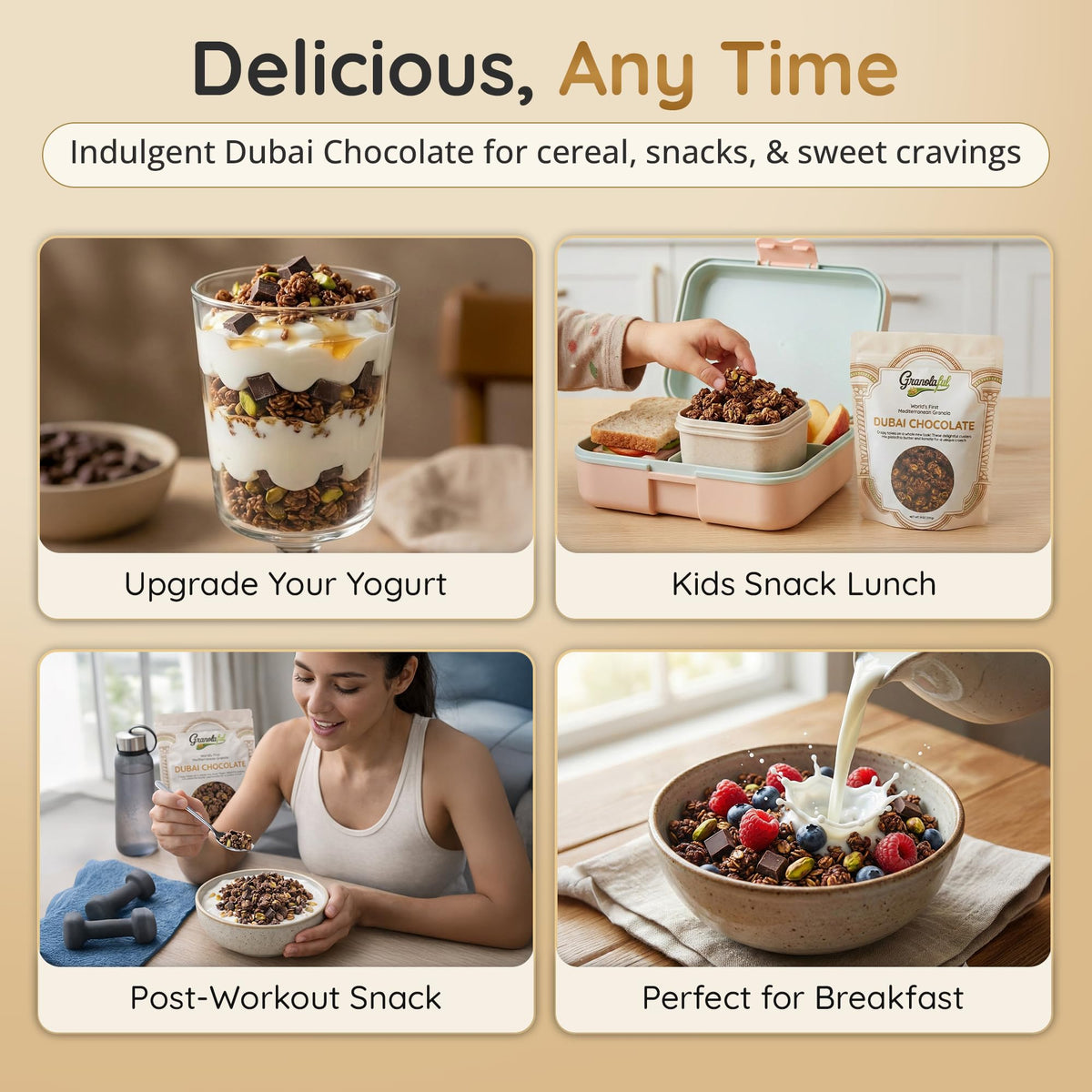 Granolaful yogurt bowl topping delivers a crisp, chocolate-kissed bite.
