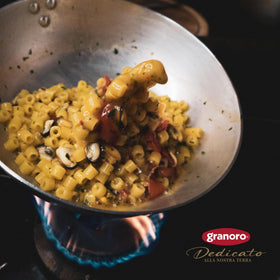Granoro pasta extruded with classic dies and slowly dried for optimal flavor and texture.