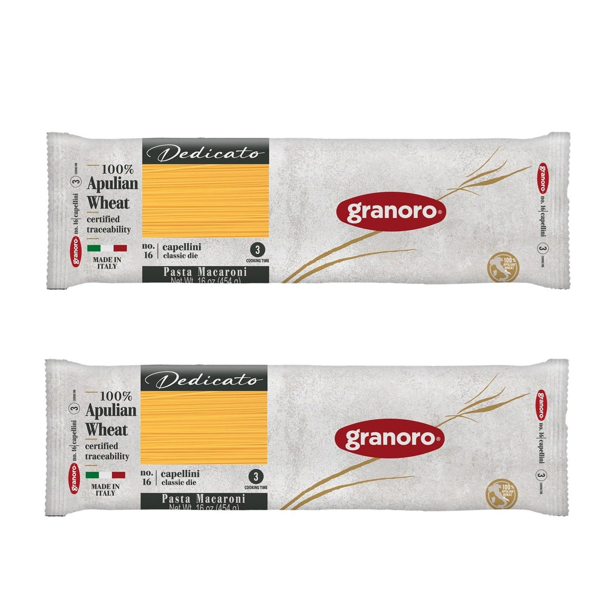 Granoro Dedicato Capellini packaging showcases authentic Italian pasta quality for quick meals.