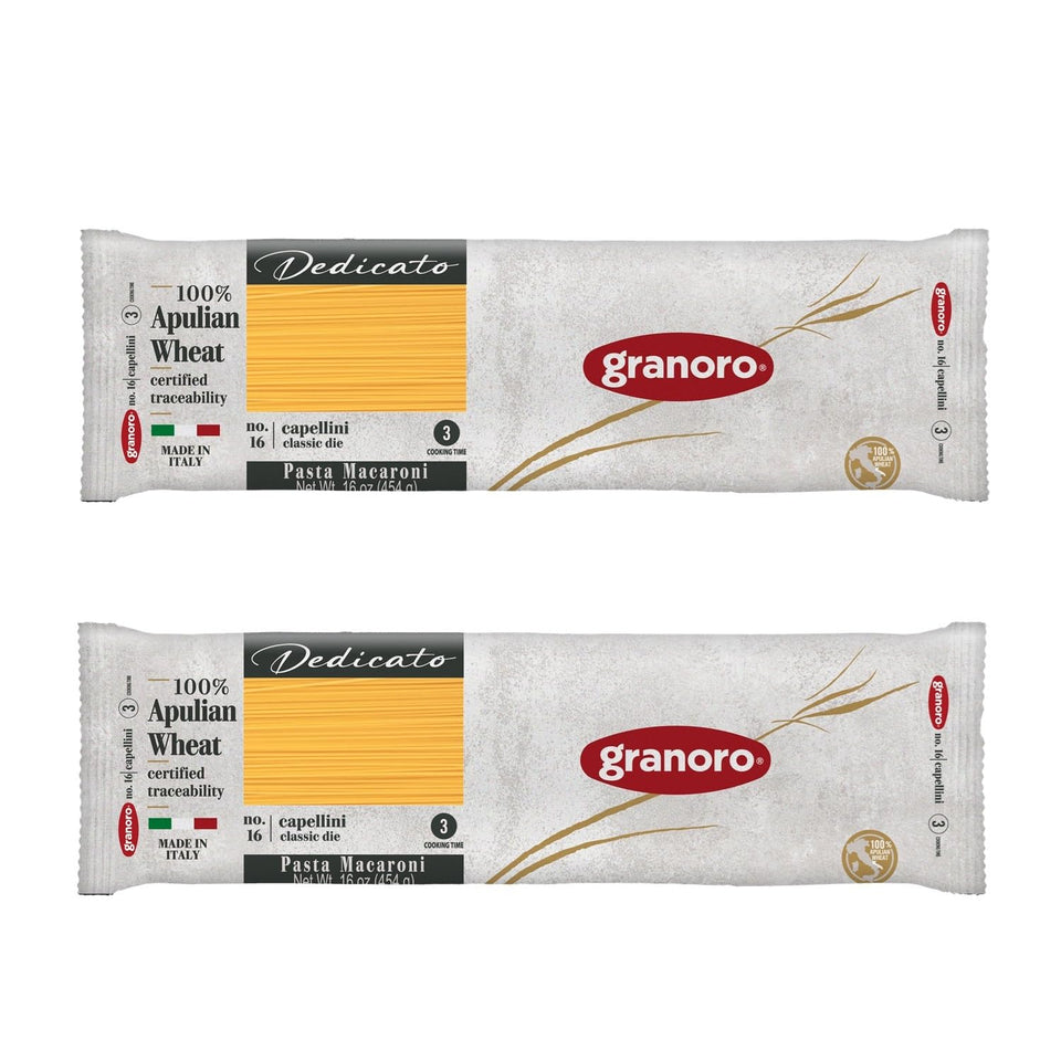 Granoro Dedicato Capellini packaging showcases authentic Italian pasta quality for quick meals.