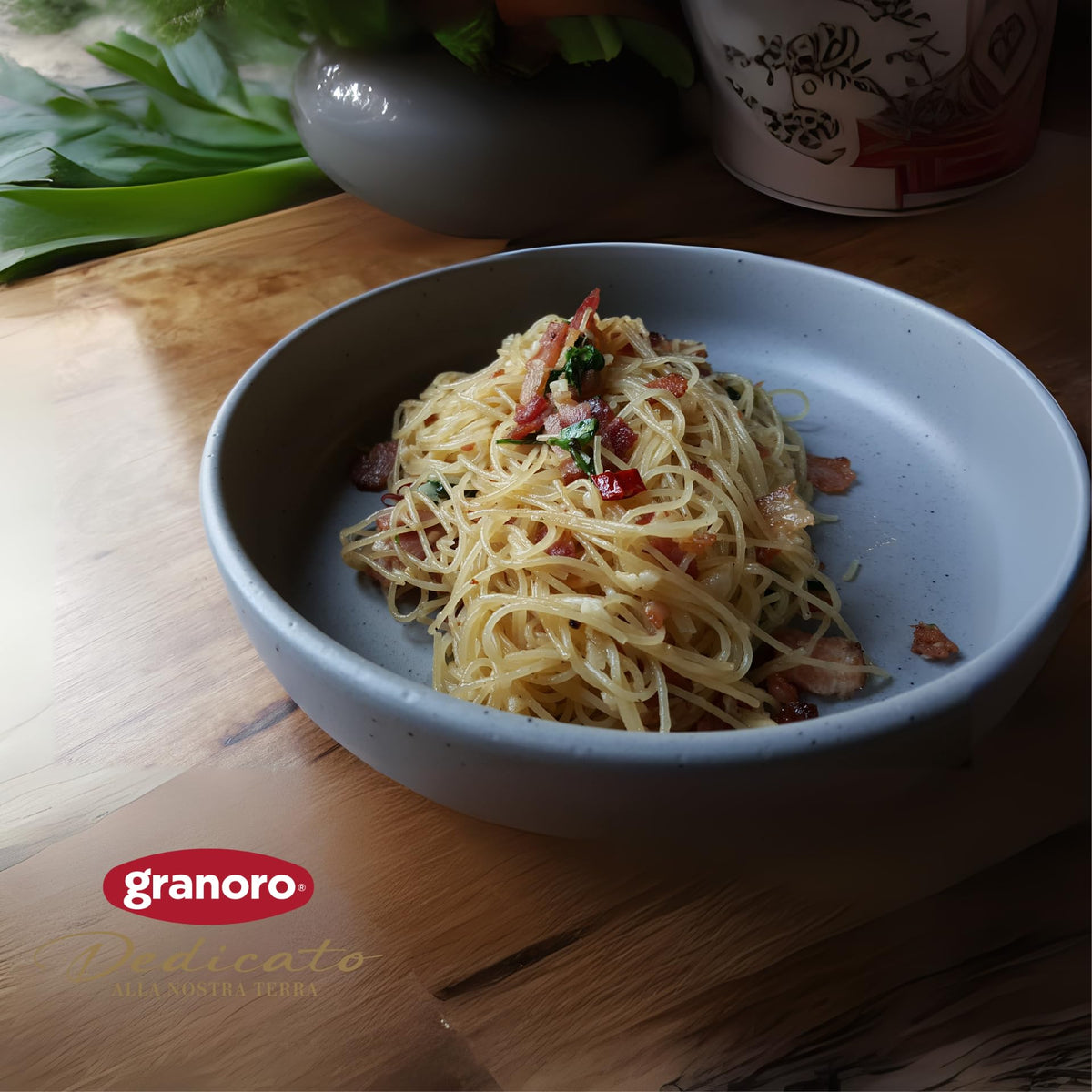 Slow-dried process preserves aroma and golden hue in Capellini.