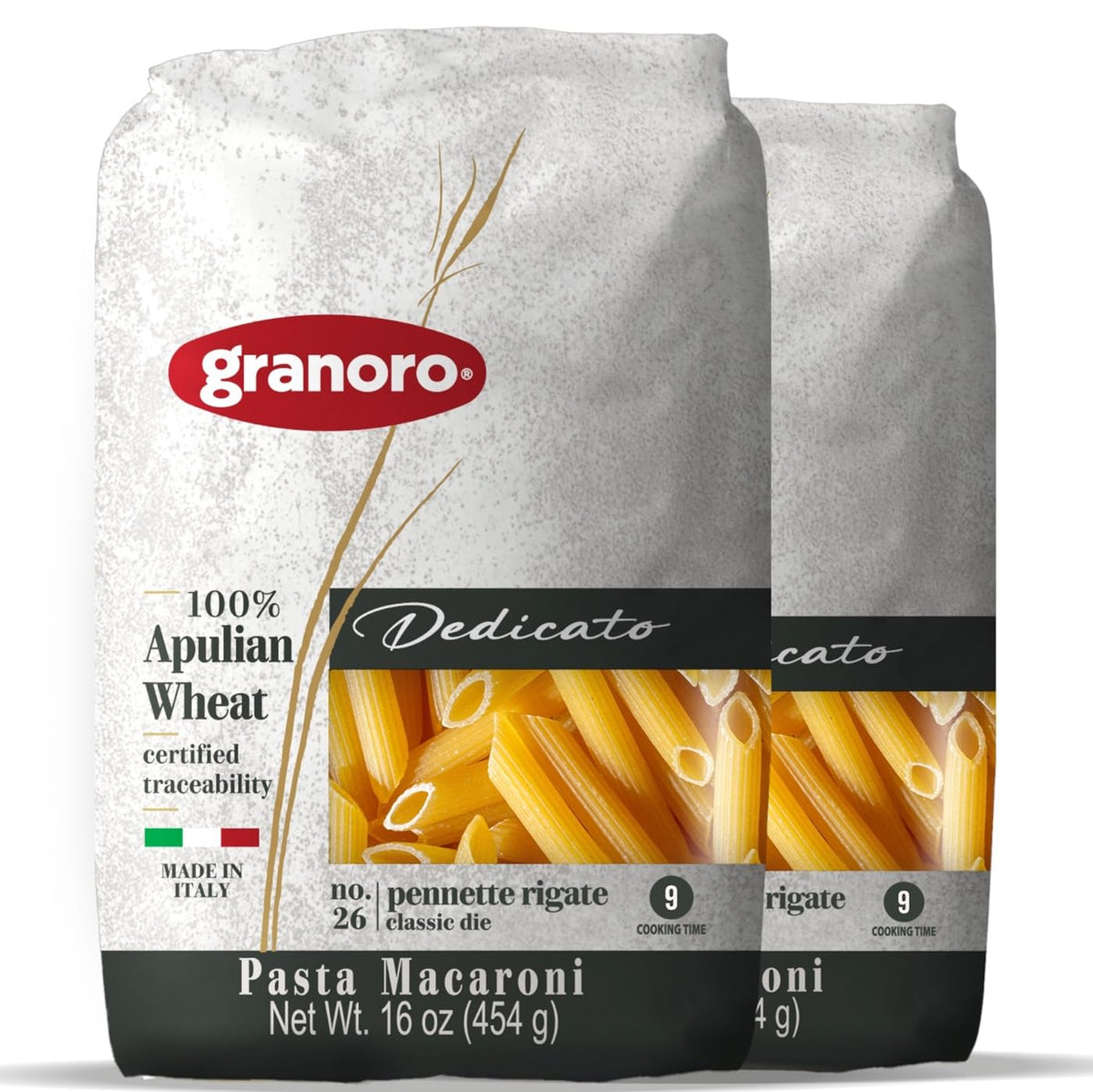 Granoro Dedicato Penne Rigate pack on a shelf, ready for al dente sauces.