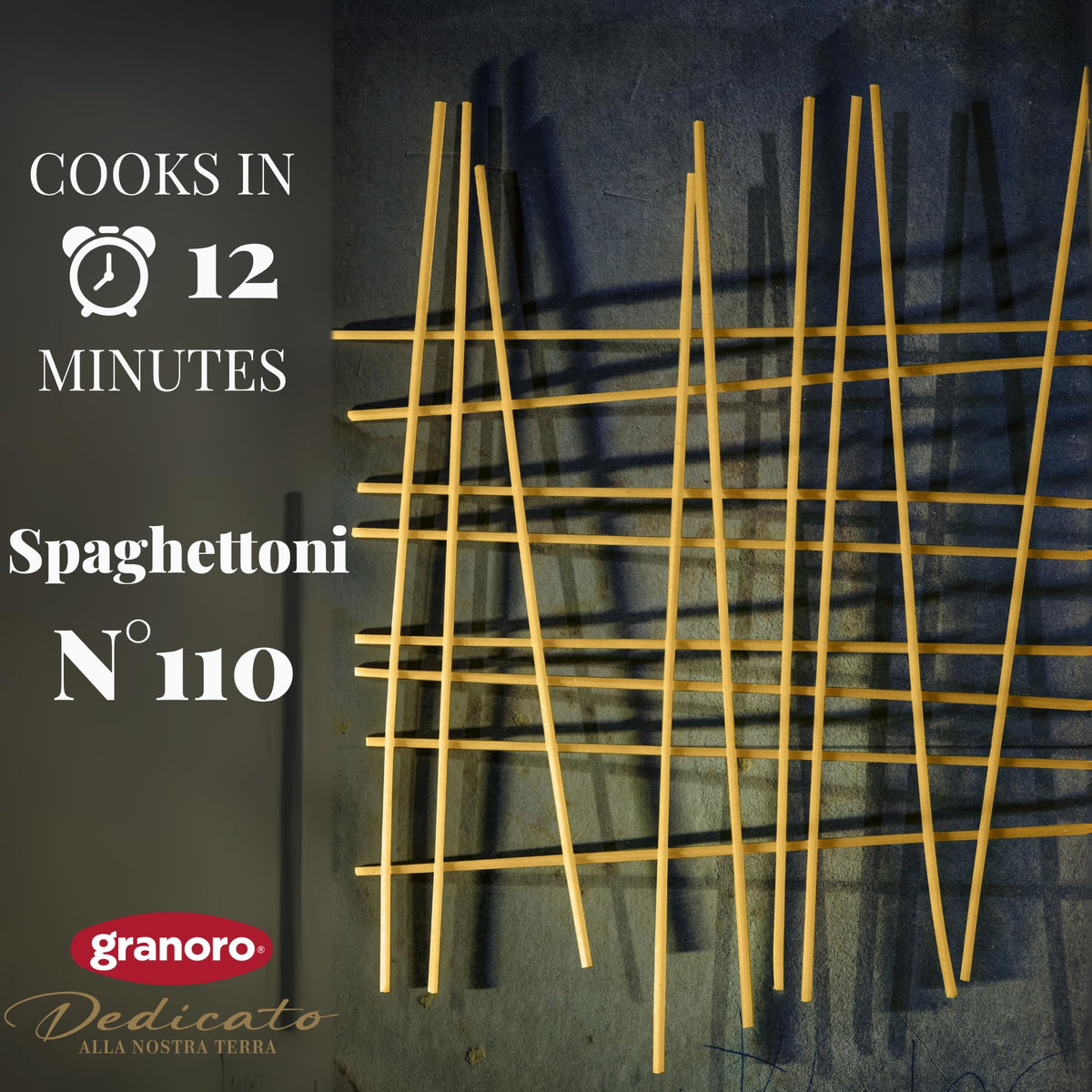 Granoro Dedicato Spaghettoni #110 dry spaghetti on board ready for al dente cooking.