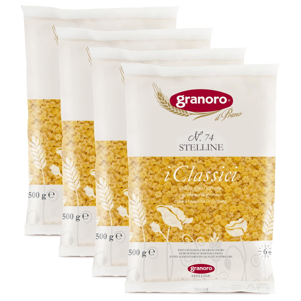 Granoro I Classici Stelline 74 packaging for pantry-ready four-pack pasta.