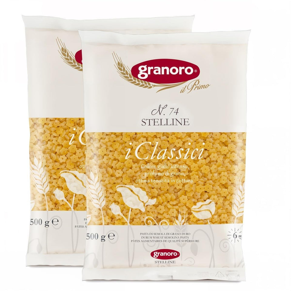 Granoro Stelline 74 star pasta in a soup bowl, kid-friendly and easy to scoop.
