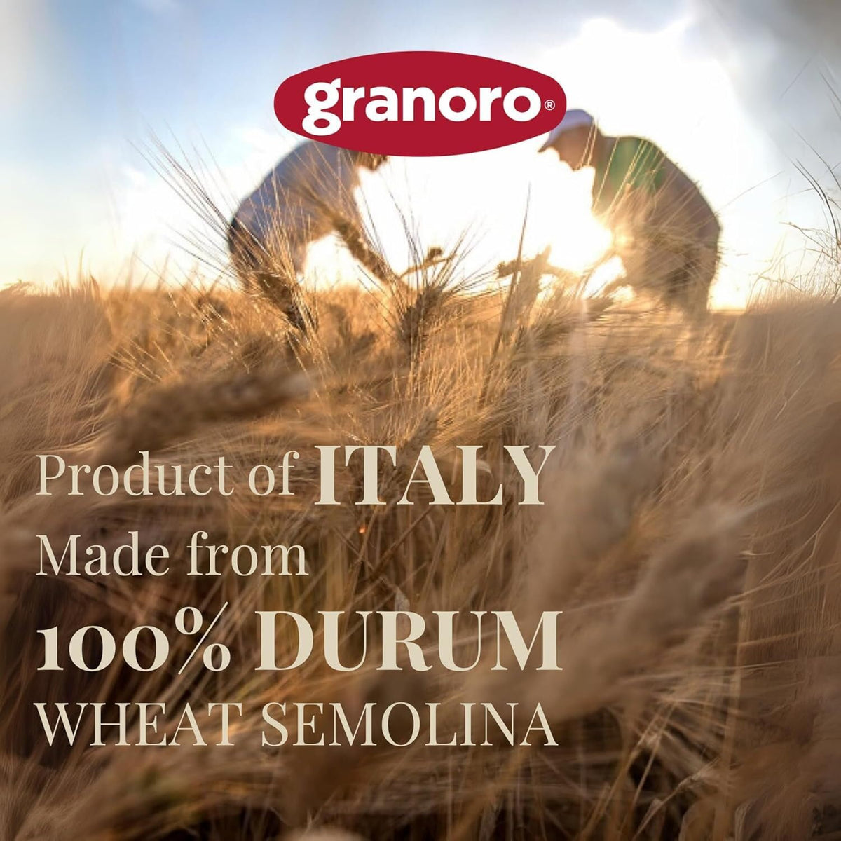 Granoro pasta proudly made in Italy, supporting sustainable farming in Puglia.