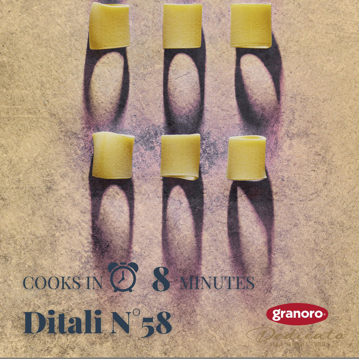 Granoro pasta made from Puglia durum wheat semolina with rich color and firm bite.