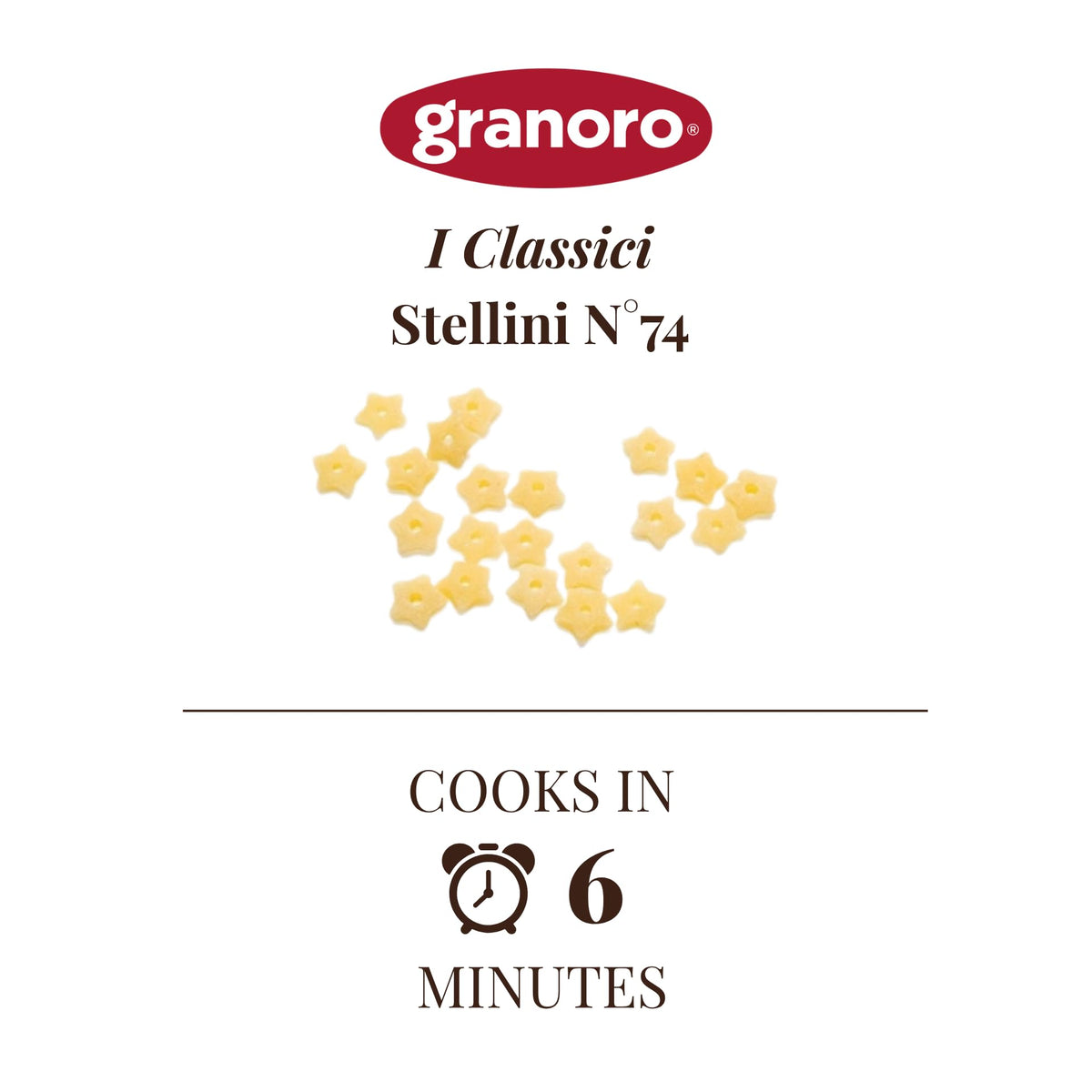 Granoro Stelline 74 star pasta on kitchen counter, ingredients like durum wheat semolina.