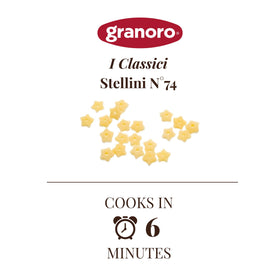 Granoro Stelline 74 star pasta on kitchen counter, ingredients like durum wheat semolina.