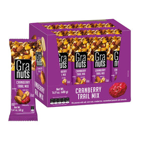 Granuts Cranberry Trail Mix bag front shows convenient single-serve packaging for on-the-go snacking.