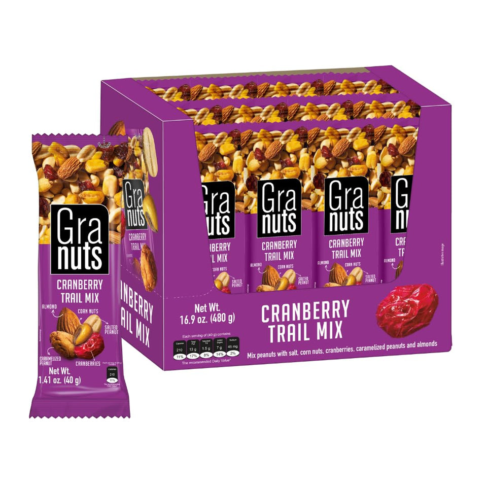 Granuts Cranberry Trail Mix bag front shows convenient single-serve packaging for on-the-go snacking.