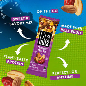 Granuts Cranberry Trail Mix ingredients highlight peanuts, corn nuts, cranberries, and almonds.