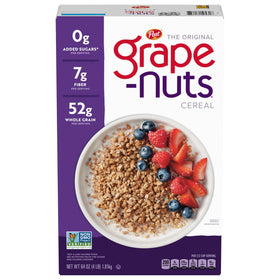 Grape-Nuts cereal box on shelf in a kitchen, ideal for bulk family breakfasts.