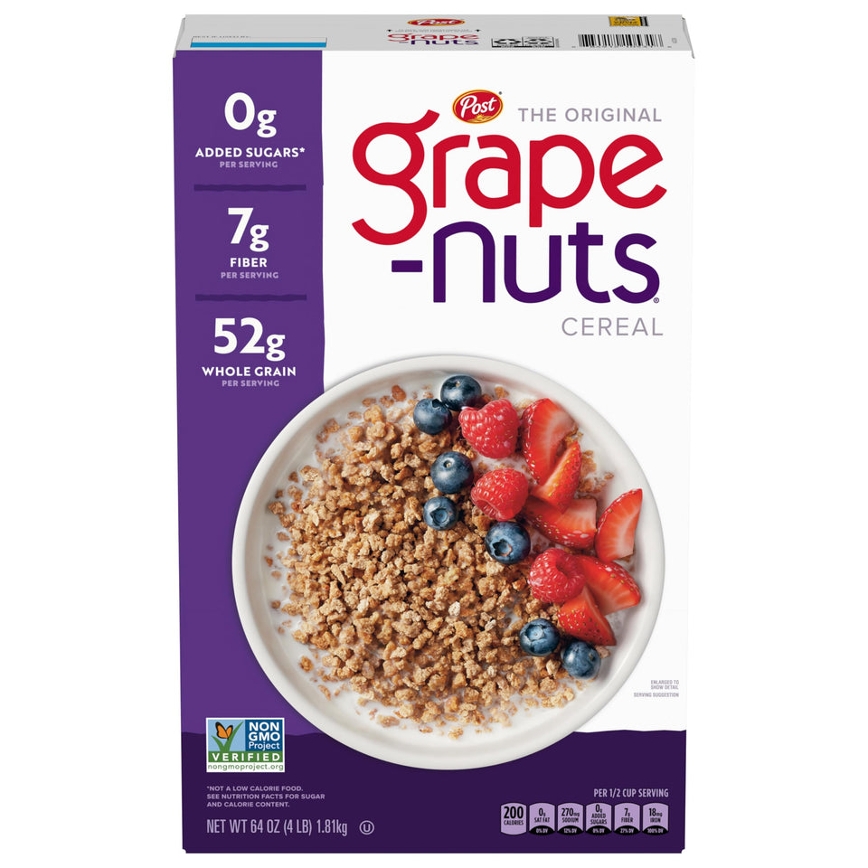 Grape-Nuts cereal box on shelf in a kitchen, ideal for bulk family breakfasts.
