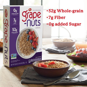Grape-Nuts cereal in a milk bowl with a spoon, delivering a crunchy start.