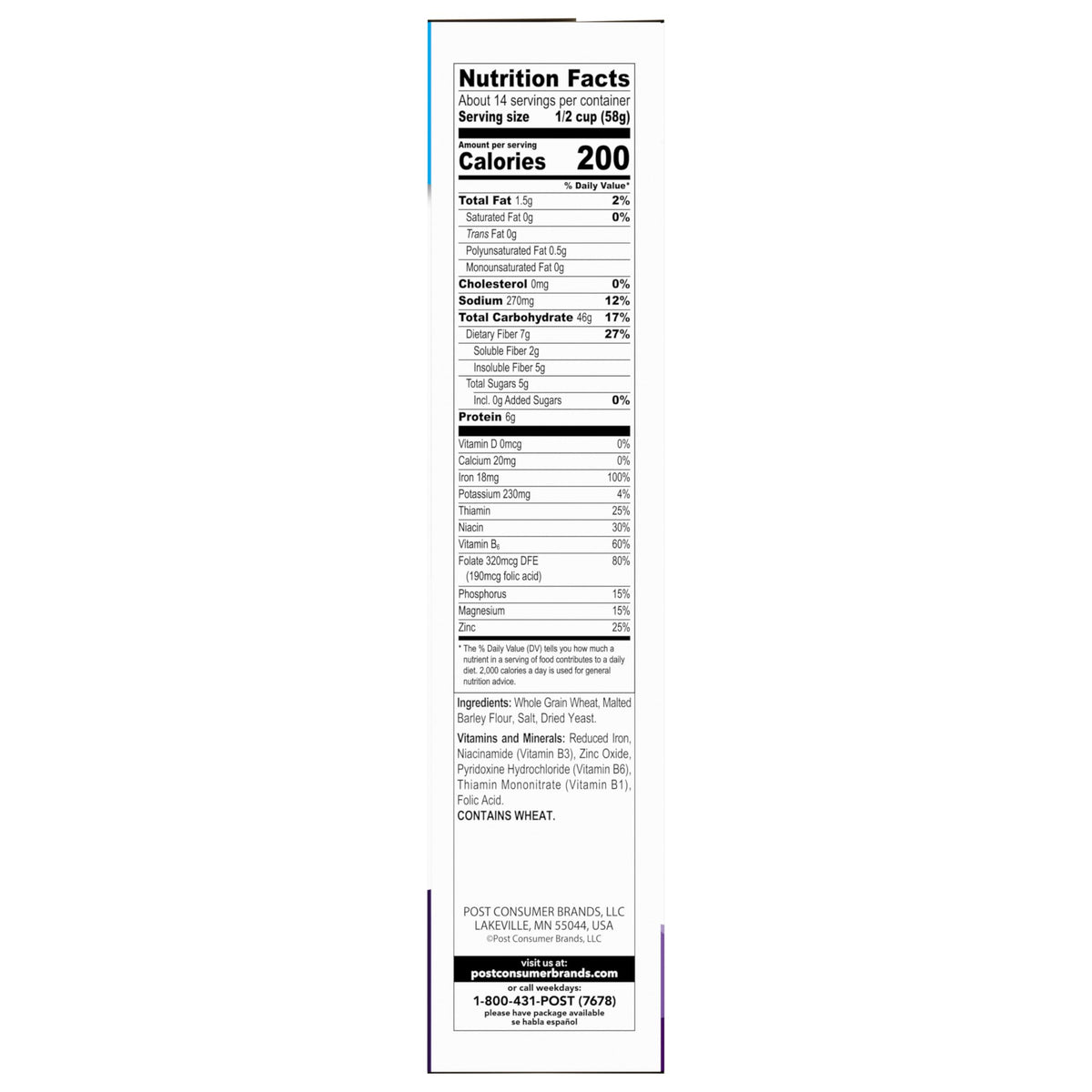 Grape-Nuts Original nutrient label emphasizing fiber and iron.
