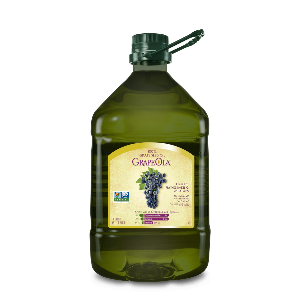 GrapeOla grapeseed oil bottle pour showcasing a clean, light flavor for dressings and high-heat cooking