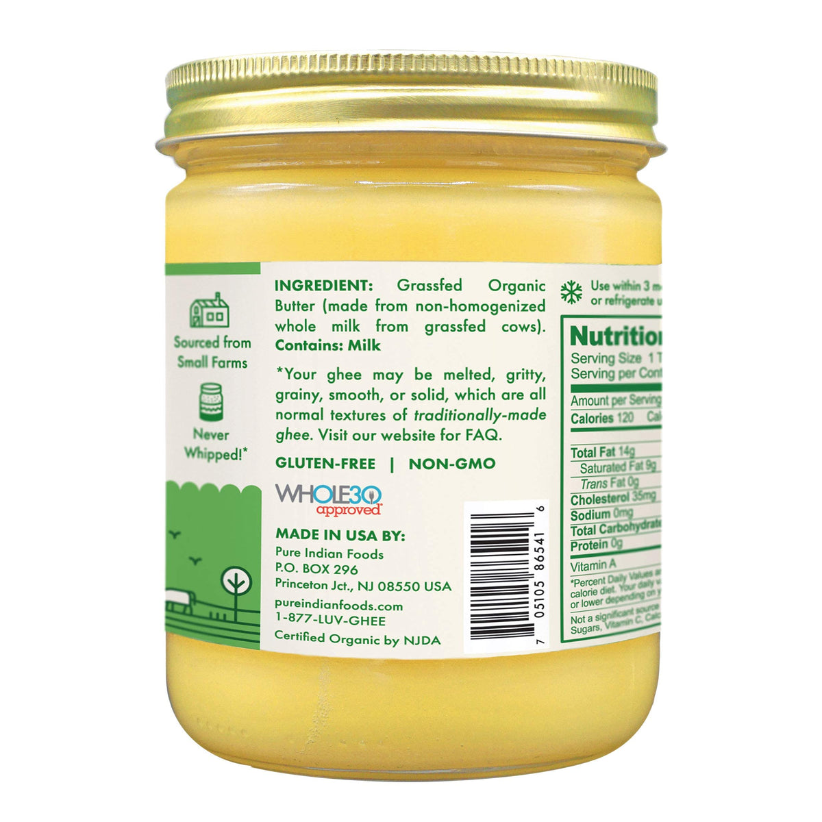 Close-up of Pure Indian Foods ghee jar, highlighting golden color and smooth texture.