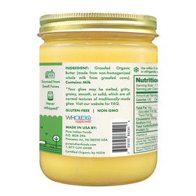 Close-up of Pure Indian Foods ghee jar, highlighting golden color and smooth texture.