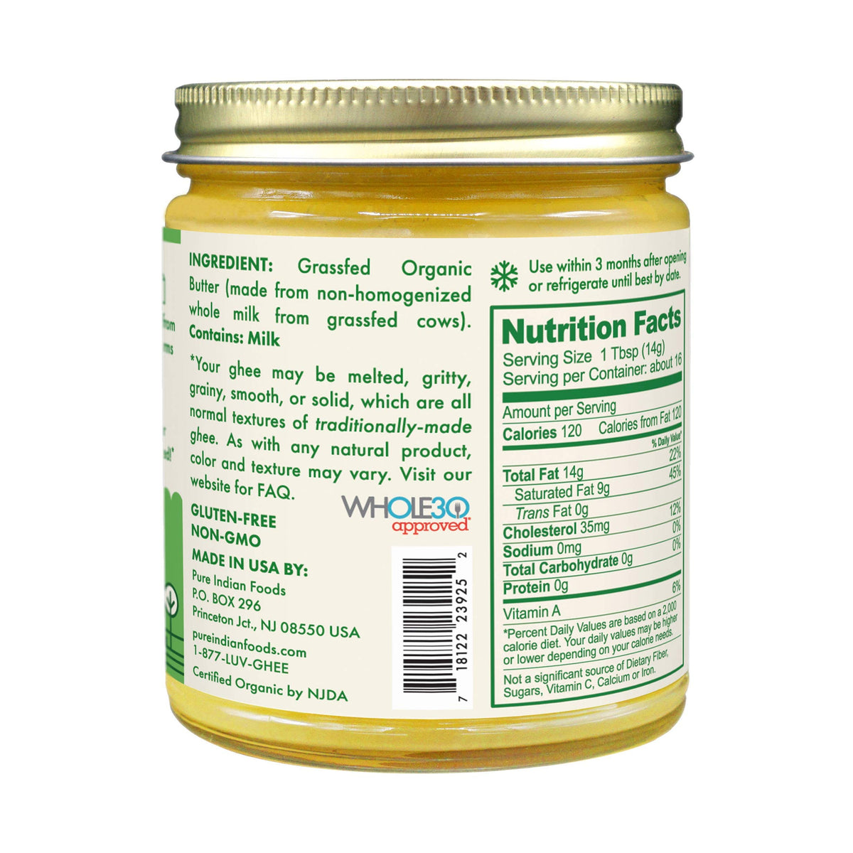 Closeup of grassfed original ghee glass jar showing rich golden color