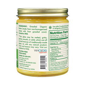 Closeup of grassfed original ghee glass jar showing rich golden color