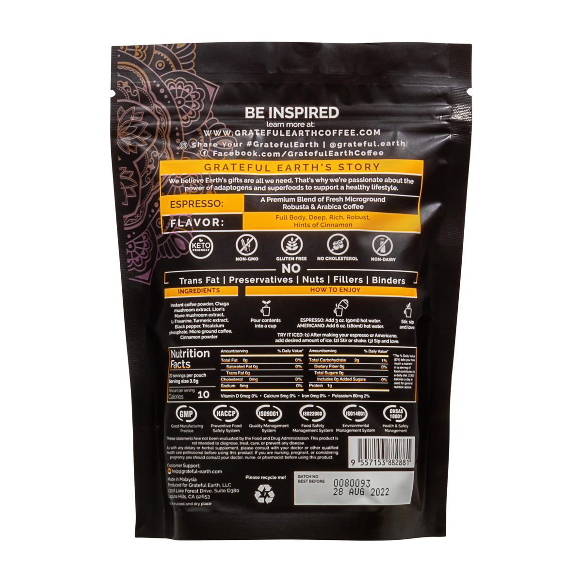 Grateful Earth foil packet ready to dissolve and stir for instant coffee.
