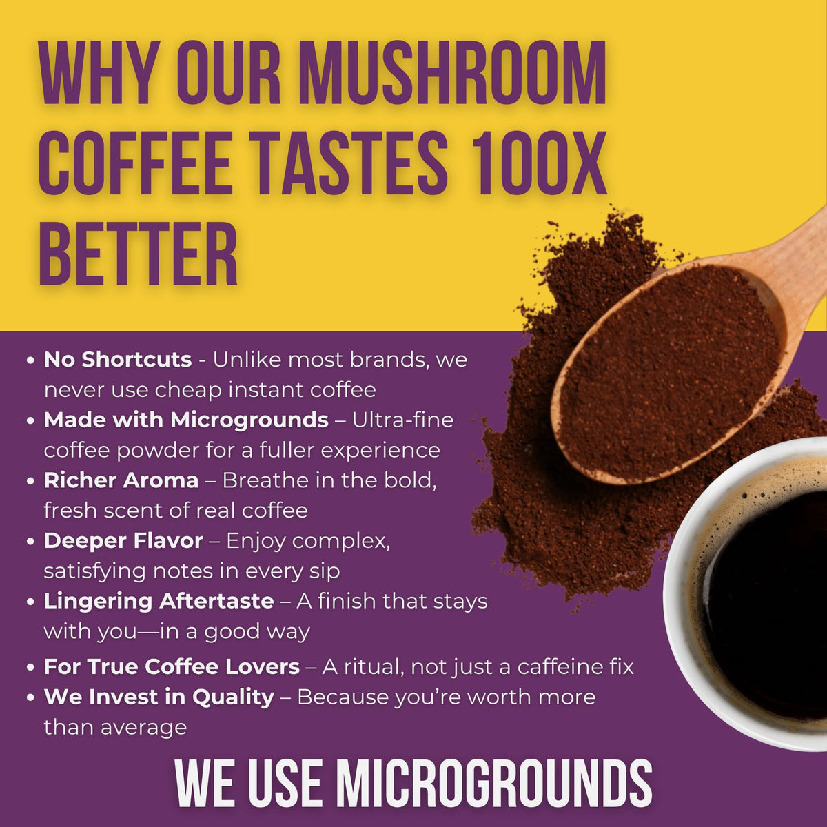 Steaming cup of Grateful Earth Mushroom Coffee showing rich, aromatic dark roast