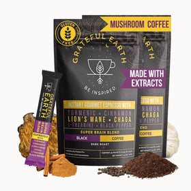 Grateful Earth mushroom coffee espresso instant cinnamon, rich aroma for a focused morning.