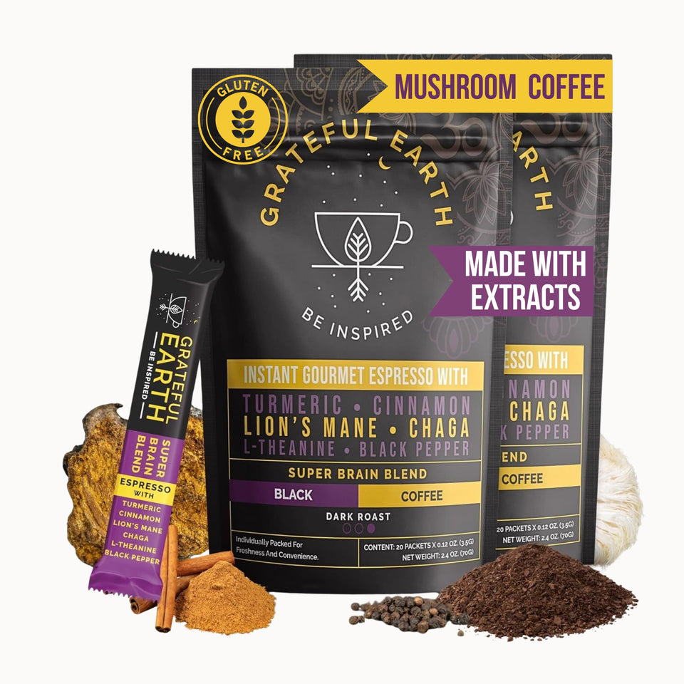 Grateful Earth mushroom coffee espresso instant cinnamon, rich aroma for a focused morning.