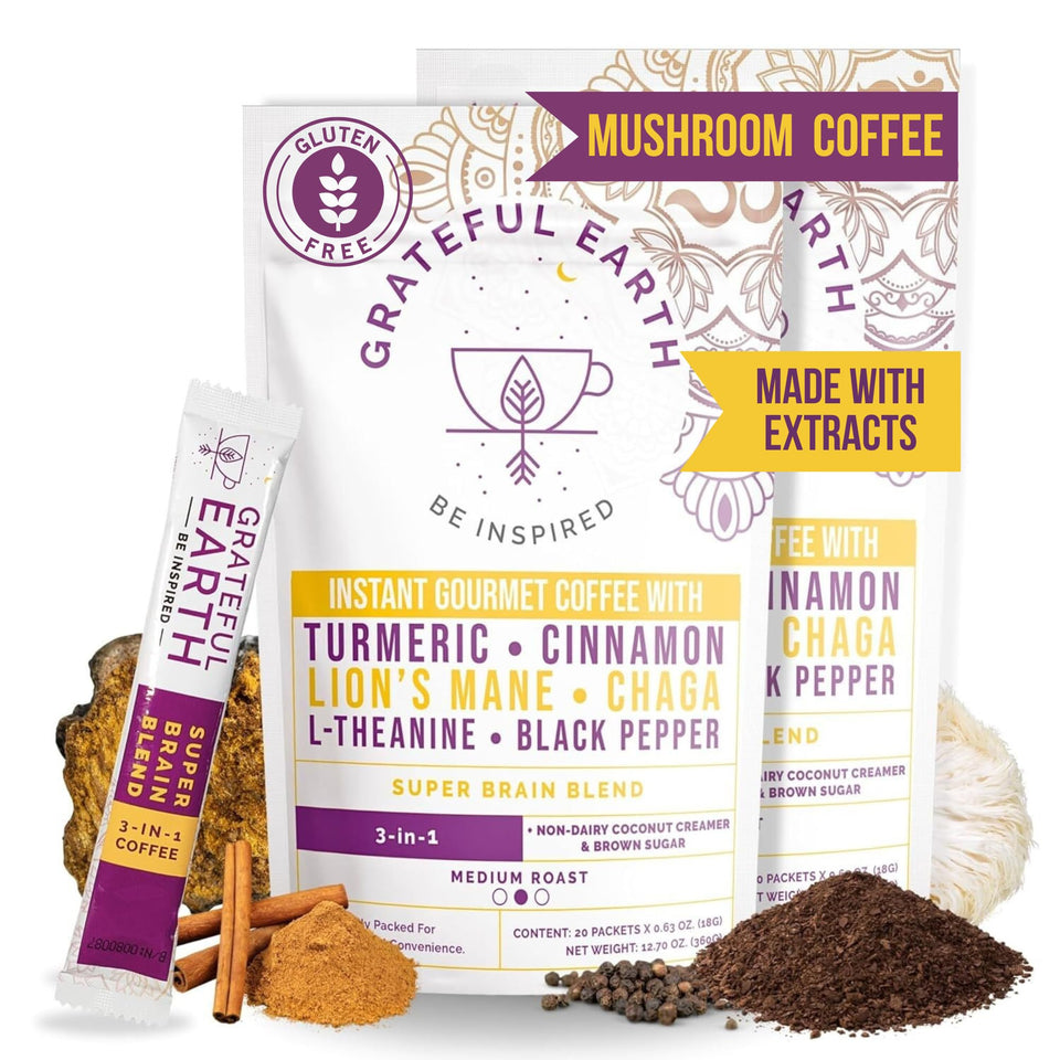Grateful Earth mushroom coffee instant stick pack for quick energy and focus