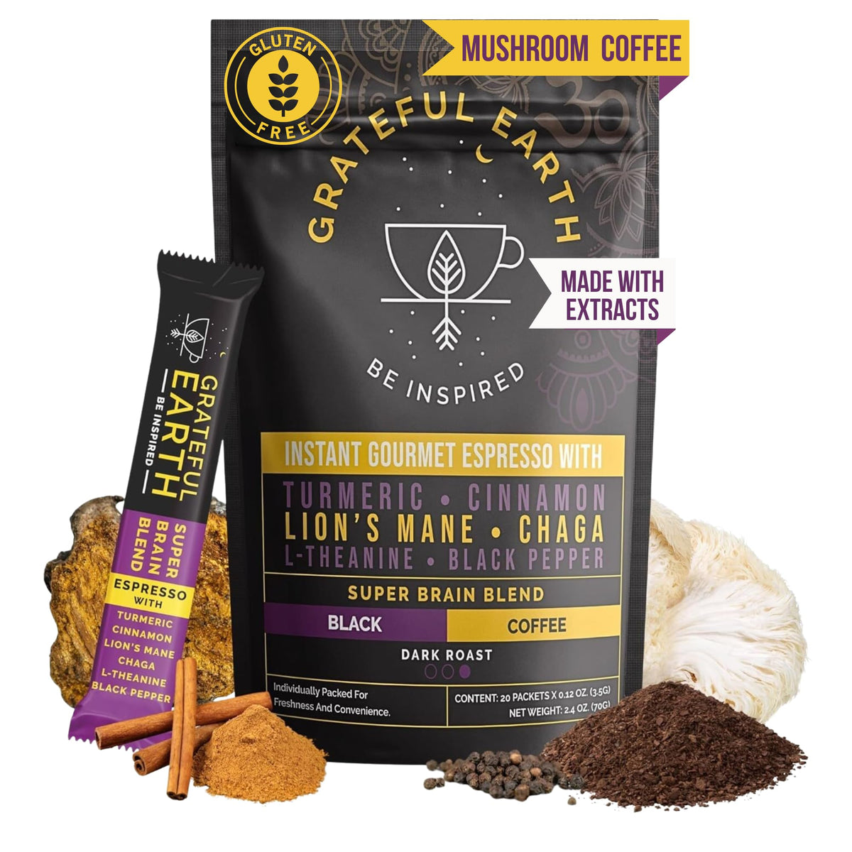 Grateful Earth Mushroom Coffee packaging front with dark roast branding for focused mornings