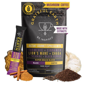 Grateful Earth Mushroom Coffee packaging front with dark roast branding for focused mornings