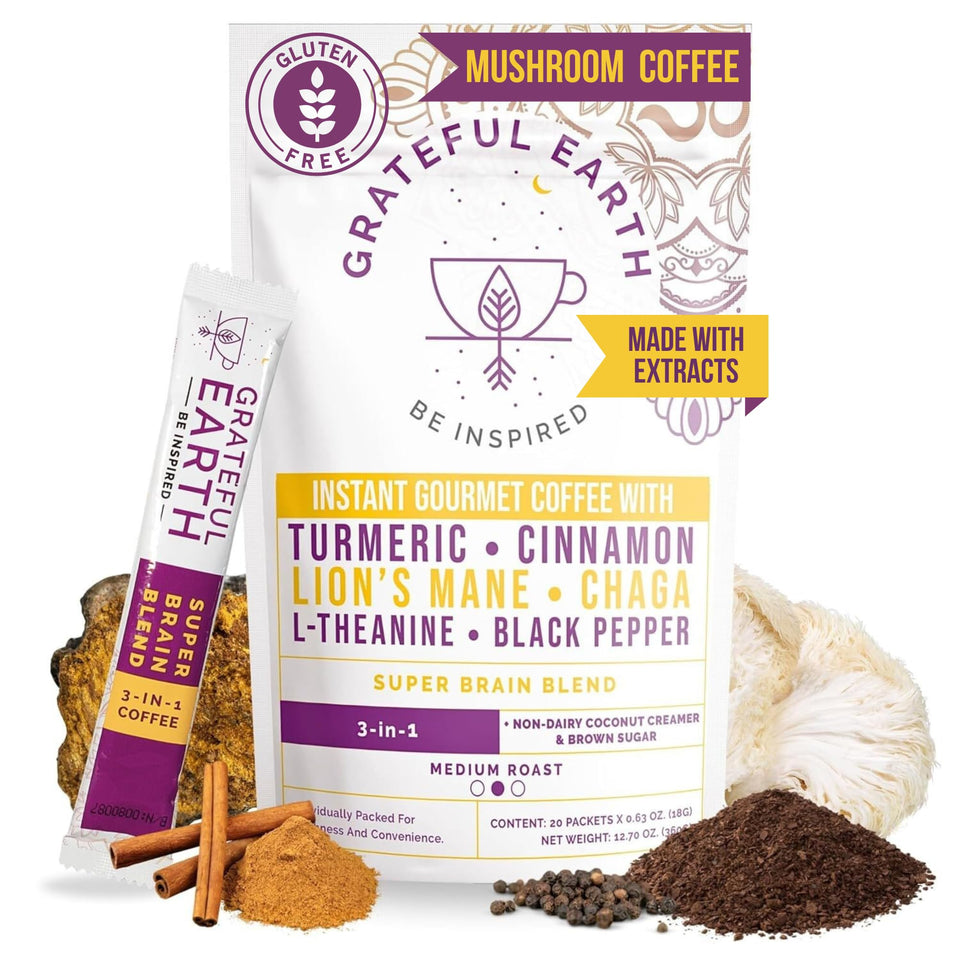 Grateful Earth mushroom coffee packets for quick on-the-go energy and flavor