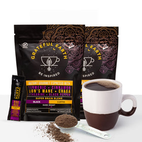 Grateful Earth turmeric and Lion’s Mane blend with nootropics for potential focus uplift.
