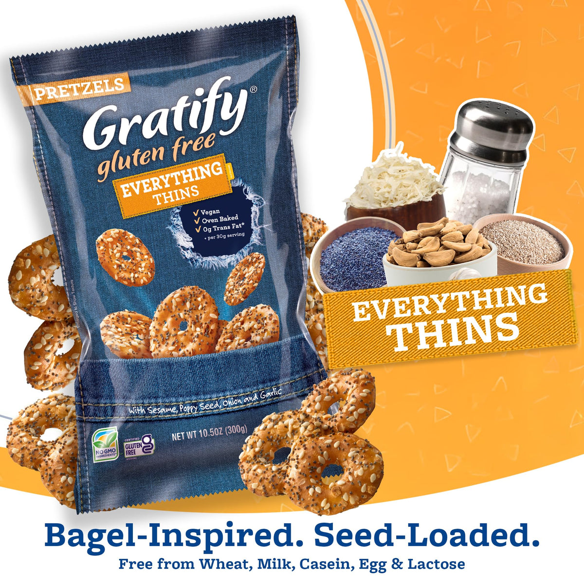 Gratify Gluten Free Everything Thins packaging featuring a 10.5 oz bag for parties and on-the-go.