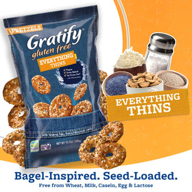 Gratify Gluten Free Everything Thins packaging featuring a 10.5 oz bag for parties and on-the-go.