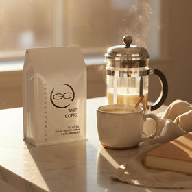 Gravity Coffee Signature White Coffee ground close-up highlighting light roast and earthy notes.