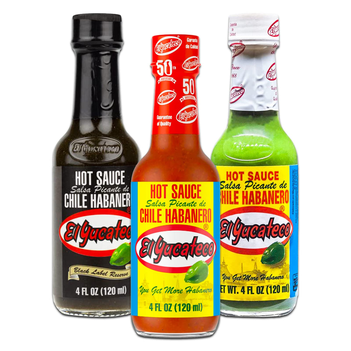 Graydon Hall El Yucateco Green Habanero bottle pour adds bright heat to meals.