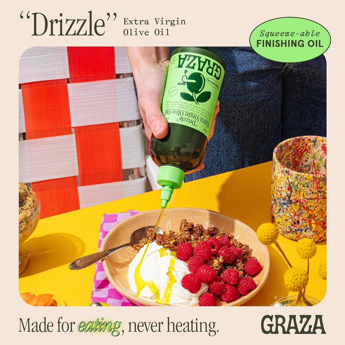 Graza Drizzle bottle label close-up highlighting single-origin olives.