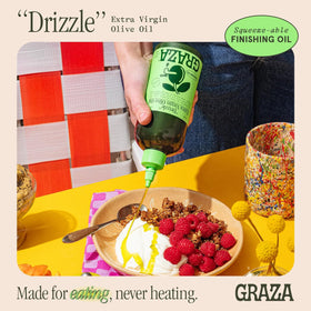 Graza Drizzle bottle label close-up highlighting single-origin olives.